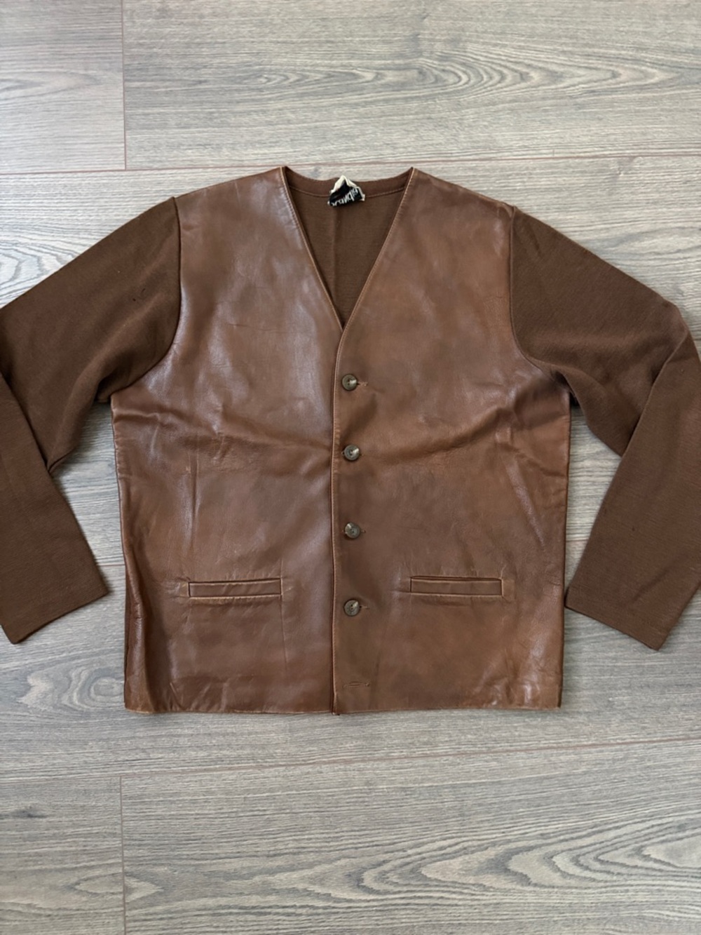 Scandia Knit Men's Vintage Leather Front Cardigan Sweater Jacket Brown Wool